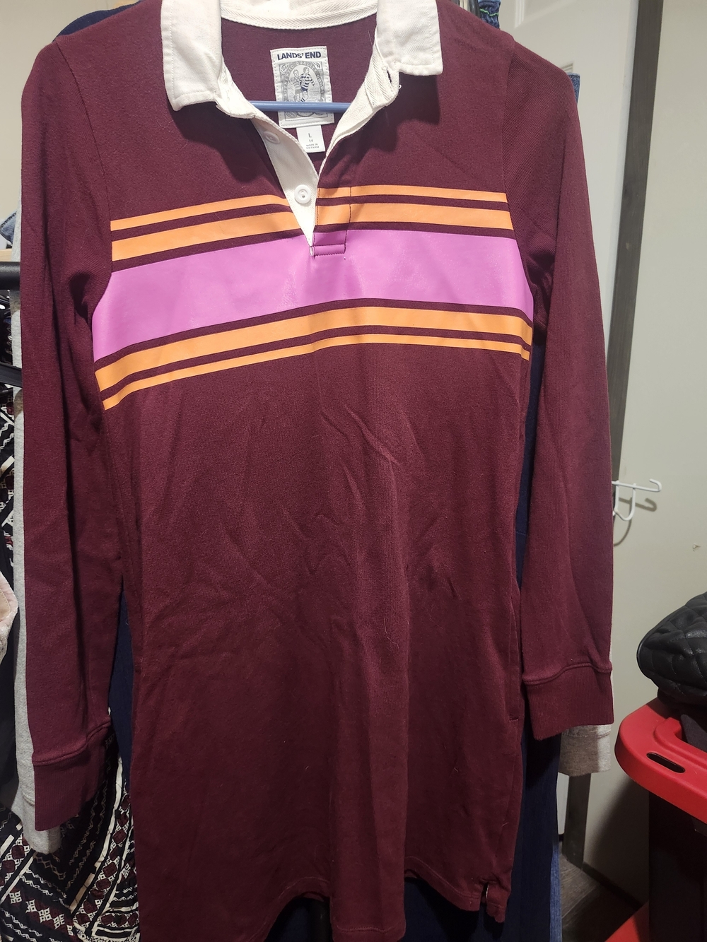 Lands' End Rugby Striped Burgundy & Pink Dress